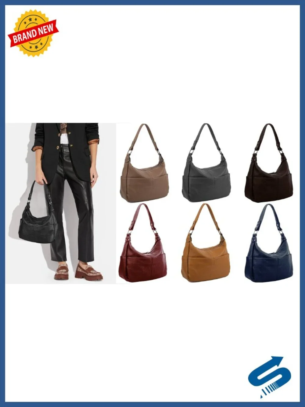 Genuine Leather Hobo Bag with Double Zipper Pockets & Crossbody Strap